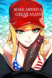 ai_generated american_flag_bikini bimbo blonde_hair dark-skinned_male huge_breasts interracial large_penis maga_hat make_america_great_again noirprincess princess_anastasia