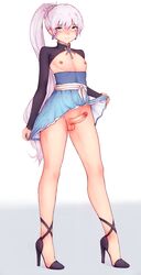 1boy balls bluefield blush crossdressing cum dress dress_lift earrings femboy girly green_eyes heels high_heels looking_at_viewer male male_only mystral_outfit penis ponytail precum presenting rule_63 rwby solo standing testicles trap weiss_schnee weiss_schnee_(mystral) white_hair