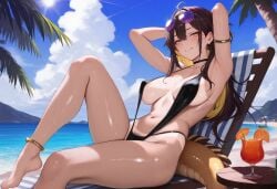 ahe_gao ai_generated ass beach big_breasts brown_hair e-sekai eel female female_only huge_breasts idol-en idol_corp juna_unagi pubic_hair sunglasses swimsuit tan_body tanlines virtual_youtuber vtuber yellow_eyes