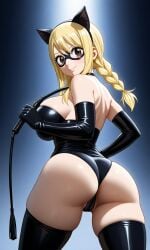 ai_generated animal_ears blonde_hair braided_hair brown_eyes cameltoe chloenette69 fairy_tail large_ass large_breasts latex_bodysuit latex_gloves latex_thighhighs lucy_heartfilia sideboob smiling_at_viewer solo_female thick_thighs whip