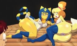 1boy 2girls animal_crossing ankha areolae ass big_ass big_breasts blue_eyes blue_hair bob_cut breasts cat_ears catgirl dog_collar dog_girl egyptian female huge_ass isabelle_(animal_crossing) laying_down legs lifting_skirt male nipples nipples_visible_through_clothing no_bra no_panties nude_female orange-peel pussy serious_look short_hair smug sweat tail thick_thighs thighhighs thighs villager_(animal_crossing) voluptuous voluptuous_female yellow_body yellow_fur