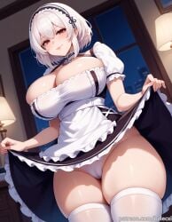 ai_generated anchor_choker apron azur_lane balecxi blush cameltoe cleavage closed_mouth dress dress_lift female frills indoors lace-trimmed_hairband lace_trim large_breasts lifted_by_self looking_at_viewer night puffy_short_sleeves puffy_sleeves red_eyes short_hair short_sleeves sirius_(azur_lane) smile solo thick_thighs underwear white_hair white_panties white_thighhighs window