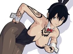 arm_tattoo bent_over big_ass big_breasts black_hair bowtie bunny_ears bunnysuit canon_genderswap chest_tattoo cleavage detached_collar female female_only genderswap_(mtf) grey_eyes hand_on_hip hanging_breasts looking_at_viewer one_piece pantyhose pixel_art playboy_bunny rule_63 short_hair shoulder_tattoo smile solo sweat tan-skinned_female tan_skin tattoo tattoos thick_thighs trafalgar_law trafalgar_law_(female) very_short_hair