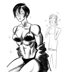 1boy 1girls abs asian_female attack_on_titan black_and_white body_difference chiseled chiseled_abs fit_female in_love jean_kirstein kebabcito mikasa_ackerman muscular_abs muscular_female scar shingeki_no_kyojin short_hair short_hair_female straight