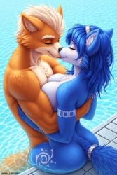 ai_generated ass big_ass big_breasts big_butt blue_body blue_fur blue_hair blush breasts butt canon_couple closed_eyes couple couple_love duo female fox fox_mccloud hair hug hugging husband_and_wife husband_kissing_wife kissing krystal krystal_(star_fox) long_hair male male/female married married_couple naked nintendo nude orange_body orange_fur pool poolside romantic romantic_couple skinny_dipping star_fox water