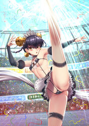 1girls abs adsouto alternate_costume ambiguous_gender apron armpits ass audience bangs banner bare_shoulders being_watched bell bell_earrings bikini bikini_under_clothes black_bikini black_gloves black_hair black_neckwear black_skirt black_swimsuit blue_sky blurry blush bow braid braids breasts bridal_gauntlets brown_eyes cameltoe camera_flash choker cleavage clothes cloud collarbone confetti crotch crowd depth_of_field dutch_angle earrings erect_nipples female female_only fighting_stance fishnet_legwear fishnets flexible frilled_choker frilled_skirt frills glint gloves groin hair_bell hair_ornament high_kick highres jewelry kicking leg_lift leg_up legs light_rays lights lin_lin_(one-punch_man) lipstick maid maid_apron maid_bikini maid_headdress makeup miniskirt nipple_bulge nipples no_nude one-punch_man open_mouth outdoors panties pleated_skirt pose revealing_clothes skirt sky sling_bikini small_breasts solo splits stadium standing standing_on_one_leg sun sunbeam sunlight swimsuit thighs twin_braids underboob upskirt vertical_splits waist_apron white_bow white_neckwear