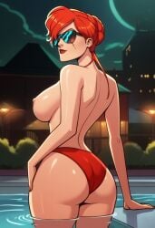 1girls ai_generated ass ass_focus breasts disney_xd facial_scar female female_only medium_breasts motorcity nipples no.2_(motorcity) panties pool rear_view red_hair scar scar_across_eye solo_female solo_focus sunglasses swexxx topless