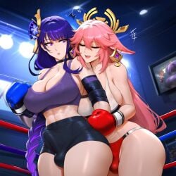 1girls 2futas 2girls ai_generated animal_ears bangs boxing_gloves braid breasts bulge cleavage closed_eyes earrings erection futa_on_futa futanari genshin_impact gloves hair_ornament jewelry large_breasts long_hair multiple_girls open_mouth pink_hair purple_eyes purple_hair racerai raiden_shogun sports_bra very_long_hair yae_miko yuri