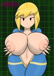 1girl 1girls belly_button big_breasts black_eyes blonde blonde_female blonde_hair blonde_hair_female blush boobs boobs_out breasts breasts_out dinoprimal fallout fallout_(series) female female_focus female_only giant_breasts holding_breast holding_breasts holding_object inverted_nipples massive_breasts nipples no_bra no_panties open_shirt pink_nipples pussy shirt shirt_only smile thick thick_thighs thighs vagina vault_girl vault_suit white_body white_skin zipper zipper_down