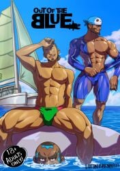 archie_(pokemon) balls bara beard bodysuit bulge facial_hair flaccid kukui_(pokemon) lupin_barnabi male male_only matt_(pokemon) muscles muscular nintendo penis pokemon team_aqua