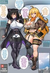 2girls bare_shoulders big_breasts black_boots black_hair blake_belladonna blonde_hair blush boots breasts brown_boots cat_ears character_profile chin_length_hair cleavage detached_sleeves dialogue female female_only fingerless_gloves large_breasts leather_boots midriff navel neckerchief nipples nipples_visible_through_clothing pale-skinned_female pale_skin purple_eyes rwby schoolgirl short_hair shorts speech_bubble tabletknight text thick_thighs yang_xiao_long yellow_eyes