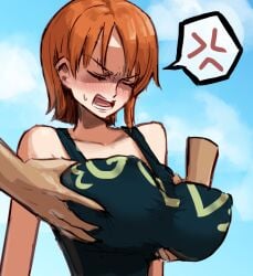 grabbing_another's_breast kanbarrn large_breasts nami nami_(one_piece) nipples_visible_through_shirt one_piece) tagme