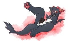 2_horns 2_penises 3_toes anthro belly biped black_body black_fur black_penis blush bodily_fluids cheek_tuft cloacal_penis countershade_fur countershading cum cum_on_face cum_on_self digital_drawing_(artwork) digital_media_(artwork) dragon ear_piercing ear_ring english_description erection facial_tuft feet fluffy fur furred_dragon furred_scalie gagaga_ram genital_fluids genitals hand_on_chest hi_res horn inner_ear_fluff jewelry key korean_description male markings membrane_(anatomy) membranous_wings mostly_nude_anthro mostly_nude_male multi_genitalia multi_penis mythological_creature mythological_scalie mythology necklace one_eye_closed open_mouth open_smile pawpads paws penis piercing red_eyes red_horn red_markings red_pawpads ring_piercing scalie simple_background skinny_anthro skinny_male small_wings smile solo tail tail_tuft toes tuft white_belly white_markings white_sclera wings