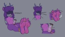 5_toes 7:4 absurd_res anthro blindfold bondage bondage bound claws countershade_feet countershading deer english_text feet foot_fetish foot_focus gag gagged ghost hair haitbe hatie hi_res male mammal muffled_speech penile penis_milking purple_body purple_hair soles solo spirit text tickle_fetish tickle_torture tickling tickling_feet toe_claws toe_restraints toes toes_tied