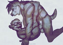 anal anal_sex anthro balls duo erection eyewear glasses hi_res humanoid_penis korichi lutrine male male/male mammal monochrome muscular muscular_male mustelid open_mouth penetration penis sex