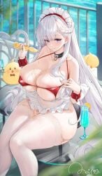 absurdres apron areola_slip azur_lane bare_shoulders belfast_(azur_lane) belfast_(blissful_service)_(azur_lane) bikini bikini_top_only black_collar blue_eyes blush bottle breasts cleavage collar collarbone covered_navel cup drinking_glass female frilled_apron frills grabbing_own_breast half_up_braid highres holding holding_bottle huge_breasts long_hair looking_at_viewer maid_apron maid_headdress manjuu_(azur_lane) meisansan off_shoulder official_alternate_costume on_chair plump red_bikini signature sitting skindentation smile spilling swimsuit thick_thighs thighhighs thighs waist_apron white_apron white_hair white_headdress white_thighhighs