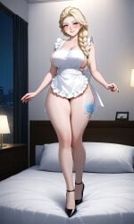 ai_generated bed blonde_hair blue_eyes blush braided_hair chloenette69 elsa_(frozen) frozen_(film) hotel_room large_breasts long_hair looking_at_viewer maid_apron naked_female solo_female standing_on_bed stiletto_heels tattoo thick_thighs