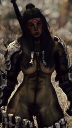 abs armor black_hair breasts dark_hair facial_markings female game_screenshot green_skin hairy_pussy muscular orc orc_female pubic_hair skyrim solo the_elder_scrolls tusks