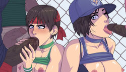 2girls 3boys :>= areolae bandana bare_shoulders big_penis big_testicles blue_eyes bracelet breasts breasts_out choker clothed clothing dark-skinned_male dark_skin earrings erect_nipples erection faceless_male fellatio female fence hairband hat headband huge_penis human interracial jill_valentine licking_penis male manual neckwear nipples oral outdoors penis penis_grab penis_lick penis_out perky_breasts police_hat rebecca_chambers resident_evil ribbon_choker saliva shirt shirt_lift short_hair sportswear standing sweatband tank_top tank_top_lift testicles text tomboy topwear triplexmile veins veiny_penis wristbands wristwear