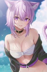 ahoge animal_ears bandeau beach bikini bikini_pull breasts cat_choker cat_ears cat_tail choker clothes_pull collar commentary_request female highres hololive hololive_gamers hololive_japan large_breasts multicolored_clothes nekomata nekomata_okayu open_mouth purple_eyes purple_hair sanada_keisui solo strapless strapless_bikini sweater swimsuit tail unzipped virtual_youtuber white_bikini