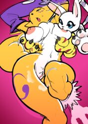 2019 ambiguous_gender anthro armwear bite black_sclera blue_eyes breasts bridal_gauntlets canid canine claws clothing digimon digimon_(species) felid female female/ambiguous fur gatomon gloves handwear looking_at_viewer mammal nipples nude open_mouth pussy renamon simple_background watatanza white_fur yellow_fur