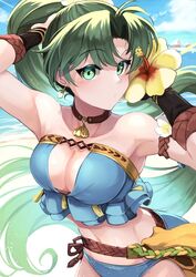 1girls beach bikini bikini_bottom bikini_top breasts cute detailed_background female female_only fire_emblem fire_emblem:_the_blazing_blade fire_emblem_heroes flower green_eyes green_hair looking_at_viewer lyn_(fire_emblem) lyn_(summer)_(fire_emblem) lyndis_(fire_emblem) nakabayashi_zun ponytail