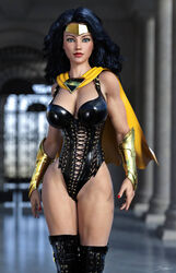 1girls 3d arm_guards bare_thighs big_breasts big_breasts black_corset black_hair black_kneehighs blue_eyes bracers breasts busty cape cleavage corset crime_syndicate curvaceous curvy dc dc_comics eyeshadow female female_only hallway justice_league kneehighs large_breasts long_hair makeup mascara nail_polish pinup red_lips red_lipstick red_nail_polish red_nails solo standing supervillain superwoman thighs tiangtam tiara voluptuous walking window yellow_cape