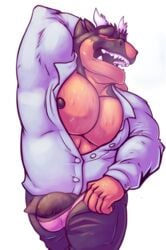 anthro barazoku barely_contained biceps big_penis bodily_fluids bottomwear bulge button_(disambiguation) chiderg chisuun claws closed_eyes clothed clothing digital_media_(artwork) dragon dress_shirt hand_behind_head hi_res horn male male_only manly muscular muscular_male nipples open_mouth open_pants open_shirt pants pecs penis portrait sharp_teeth shirt simple_background solo spikes sweat teeth thick_penis three-quarter_portrait topwear underwear undressing walking