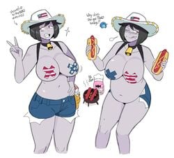 4th_of_july american_flag american_flag_hat bell_collar big_breasts chubby chubby_female cowboy_hat dr-worm grey_skin hot_dog lewdlemage nurs_(lewdlemage) red_eyes ripped_shorts taped_nipples tight_clothing tight_shorts topless vampire