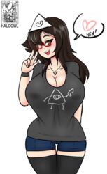 black_legwear black_shirt black_wristband brown_eyes cleavage conspiracy_theory glasses haloowl huge_breasts illuminati short_shorts smile stockings thighhighs triangle