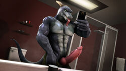 16:9 3d 3d_(artwork) abs bathroom digital_media_(artwork) dragon erection hi_res horn looking_at_viewer male male_only muetank muscular nude penis phone scalie selfie solo source_filmmaker standing tongue tongue_out