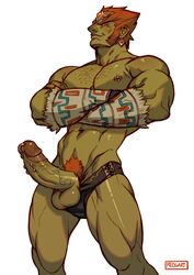 1boy big_penis body_hair boner chest_hair clothing cocky ear_piercing ear_ring effectively_nude erection facial_hair ganondorf ganondorf_(ocarina_of_time) genital_piercing gerudo gerudo_arm_wrapings green_skin hair hi_res humanoid humanoid_penis humanoid_pointy_ears jacob's_ladder looking_at_viewer looking_down looking_down_at_viewer low-angle_view male male_only mammal mostly_nude muscular muscular_male nintendo nipple_piercing nipples ocarina_of_time orange_eyes pecs penis penis_piercing piercing pov pov_eye_contact prince_albert_piercing pubes red_hair redgart simple_background smile smiling_at_viewer smirk smirking_at_viewer smug solo solo_male standing_over_viewer the_legend_of_zelda underwear vein veiny_penis video_games white_background