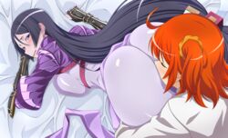 ass ass_pillow breast_press chaldea_uniform closed_eyes cunnilingus cunnilingus_through_clothes embarrassed face_in_ass fate/grand_order fate_(series) femsub fujimaru_ritsuka_(female) goridou head_on_ass hugging_ass latex latex_bodysuit lavender_bodysuit long_hair looking_back lying minamoto_no_raikou_(fate/grand_order) pleasure_face purple_bodysuit red_hair shiny_clothes smelling_ass submissive_female violet_hair yuri