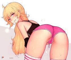 1girls ass blonde_hair bluefield blush cameltoe female female_only looking_at_viewer looking_back panties rwby solo yang_xiao_long