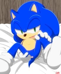 anthro anus b2u5n bed blue_body blue_fur clothing digital_media_(artwork) eulipotyphlan fur gloves half-closed_eyes handwear hedgehog hi_res legwear looking_at_viewer lying male male_only mammal on_back open_mouth socks solo sonic_(series) sonic_the_hedgehog spreading