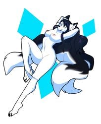 2019 4_toes anthro black_hair blue_eyes breasts canid canine digital_media_(artwork) female fox hair hi_res mammal nipples pussy rd406 simple_background solo toes