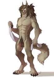 anthro balls canid canine canis coyote flaccid fur hair hi_res hornedfreak humanoid_penis male male_only mammal muscular muscular_male penis pubes solo standing towel