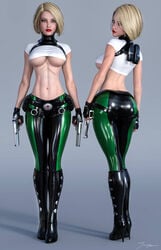 1girls 3d abbey_chase ass back_view belly_button big_breasts bimbo black_boots black_heels blonde_hair bob_cut boots breasts busty curvaceous curvy danger_girl dat_ass desert_eagle dual_wielding erect_nipples erect_nipples_under_clothes eyeshadow female female_only front_view green_eyes green_pants gun guns handgun heel_boots heels holding_gun holding_weapon holster hourglass_figure human large_breasts lipstick makeup mascara midriff navel nipple_bulge nipples no_bra pants pinup pistol_in_hand red_lips red_lipstick secret_agent short_hair solo stomach thighs tiangtam topwear underboob voluptuous weapon white_shirt white_topwear