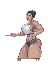 amazon big_breasts big_butt big_hips dark_hair fit_female fitness gym gym_shirt gym_shorts huge_ass huge_breasts iranon muscular muscular_female naughty_face original_character seductive sue_(iranon) thick_thighs