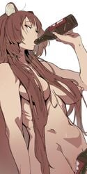 1girls alcohol animal_ears between_labia bottle breasts brown_hair drinking drunk ettone female hair_over_breasts holding_bottle innie_pussy large_breasts long_hair monster_girl nipples nude raphtalia sketch solo solo_female tate_no_yuusha_no_nariagari