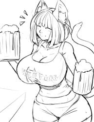 animal_ears aphexangel beer black_and_white gigantic_breasts haruka_(muneneko) hooters huge_breasts large_breasts shorts simple_background sketch smile tail waitress waitress_uniform