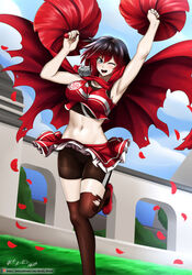 1girls abs armpits arms_up belly bike_shorts breasts cape cheerleader cheerleader_uniform eye_contact hocen human large_breasts leg_up looking_at_viewer midriff navel patreon pom_poms ruby_rose rwby shirt shoes spats spread_arms tank_top text thighhighs url watermark wide_hips