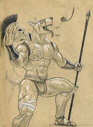 abs anthro armor biceps blood bodily_fluids bulge canid canine canis clothing domestic_dog excited gladiator headgear helmet jockstrap julius male male_only mammal muscular muscular_male nipples rose solo spartan spear triceps tush underwear warrior