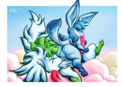 1boy 1girls 2019 69_position absurd_res animal_genitalia animal_penis anus ass big_ass big_ears big_penis blue_background blue_eyes blue_fur bodily_fluids canine canine_penis closed_eyes digital_media_(artwork) duo eeveelution erection feet female feral feral_on_feral fur glaceon green_fur hi_res knot legendary_pokemon long_ears looking_back male mammal nintendo on_back on_top open_mouth oral original_character paws penis pokémon_(species) pokemon pokemon_(species) pokemon_dppt pussy sex shaymin shaymin_(sky_form) simple_background tacophox tail text thick_thighs tongue video_games watermark white_border white_fur wings