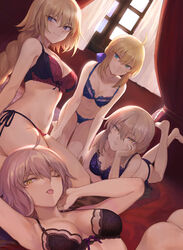 4girls ahoge all_fours arm_support artoria_pendragon artoria_pendragon_(alter) bangs bare_shoulders black_bra black_panties blonde_hair blue_eyes blue_ribbon blush bow bow_bra bra braid breasts cleavage collarbone crossed_ankles crown_braid dutch_angle elbow_rest expressionless eyebrows_visible_through_hair fate/grand_order fate_(series) flower green_eyes groin hair_between_eyes hair_bun hair_ribbon half-closed_eyes hand_on_own_cheek hand_on_own_knee head_tilt highres indoors jeanne_alter jeanne_d'arc_(fate) jewelry large_breasts leaning_back leaning_forward lingerie long_hair looking_at_viewer lying mashu_003 medium_breasts multiple_girls navel necklace on_back on_bed one_eye_closed panties parted_lips red_bra red_flower removed ribbon ribbon-trimmed_bra rose saber side-tie_panties sidelocks signature single_braid sitting smile stomach table tareme thighs tongue tongue_out twitter_username underwear underwear_only very_long_hair wariza window yellow_eyes