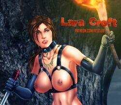 action_pose big_breasts bondage bondage_harness breast_harness breasts brown_eyes brown_hair cave collar collar_ring cupless_bra elbow_gloves eromaxi gloves harness lara_croft lara_croft_(survivor) large_breasts leather_gloves navel necklace nipple_piercing pierced_nipples piercing ponytail pose posing tomb_raider tomb_raider_(survivor) torch