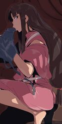 1girls breasts brown_hair clothing erection ettone fellatio female human kimono light-skinned_female light_skin lin_(spirited_away) lips long_hair looking_at_viewer oral pink_kimono sex sketch spirited_away squatting studio_ghibli