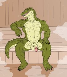 anthro balls bodily_fluids crocodile crocodilian crocodylid genitals green_eyes hi_res looking_at_viewer male male_only nipples nude penis reptile sauna scalie sharkiedude sitting solo steam sweat