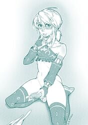 1boy androgynous ass breath_of_the_wild bridal_gauntlet canon_crossdressing cum cum_in_hair cum_on_face facial femboy gerudo_link gerudo_top girly licking_cum link link_(breath_of_the_wild) male male_only penis skibby solo the_legend_of_zelda thighhighs trap uncut