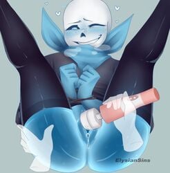 1girls 2d blue_body blue_pussy blue_skin ectobody ectopussy elysiansins female female_only glowing_pussy hitachi_magic_wand humanoid rule_63 sans sex_toy skeleton tagme tied_up underswap_sans undertale_(series) undertale_fanfiction vibrator